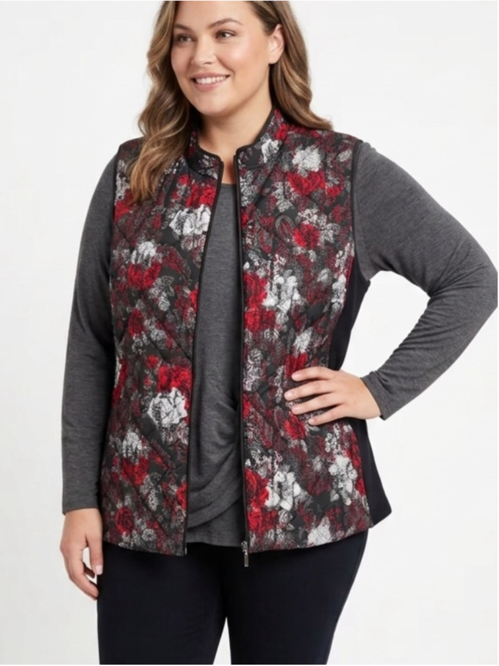 Northern Reflections Quilted Floral Print Vest in Red, Black, White XXL - 544